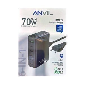מטען קיר ועמדת טעינה מהירה ANVIL 70W GaN – כולל 6 יציאות וכבל 1.5 מטר