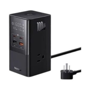 מפצל שקעים ותחנת טעינה Baseus PowerCombo Tower | 100W GaN | 6 ב-1 עם מסך דיגיטלי