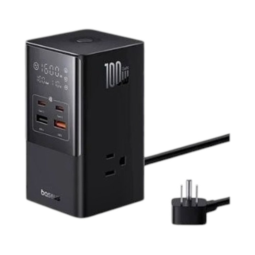 מפצל שקעים ותחנת טעינה Baseus PowerCombo Tower | 100W GaN | 6 ב-1 עם מסך דיגיטלי